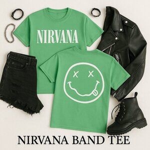 Nirvana Band Tee Green Medium Grunge Rock 90s Smiley Face Graphic Shirt